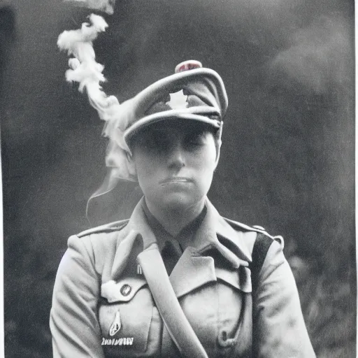 Prompt: vintage analog photograph of an attractive female soldier, greyscale, with gigantic smoke clouds visible in the sky, heavy film grain, rainfall, red color bleed, depth of field, bokeh, rich azure tones