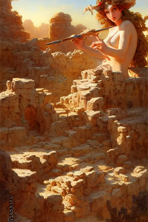 Prompt: a fantasy desert landscape, ruins, bones, rocks, arid ecosystem, digital illustration by gaston bussiere and leyendecker and artgerm, intricate details, surreal, photorealistic, award winning