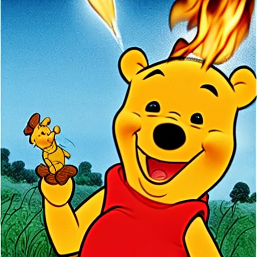 Image similar to winnie the pooh lighting a house on fire, in the style of winnie the pooh