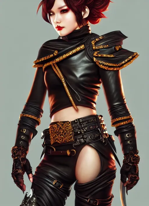 Image similar to rogue, fantasy ornate leather bandit outfit!!! beautiful and athletic short hair female!! gorgeous face and eyes!! character concept art, sharp focus, octane render! unreal engine 5! highly rendered!! trending on artstation!! detailed linework!! illustration by artgerm, chie yoshii, and wlop