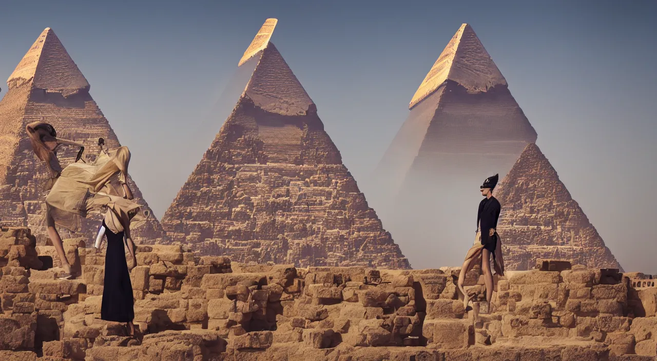 Prompt: fashion editorial portrait by jimmy nelson. on top of the pyramids. in egypt