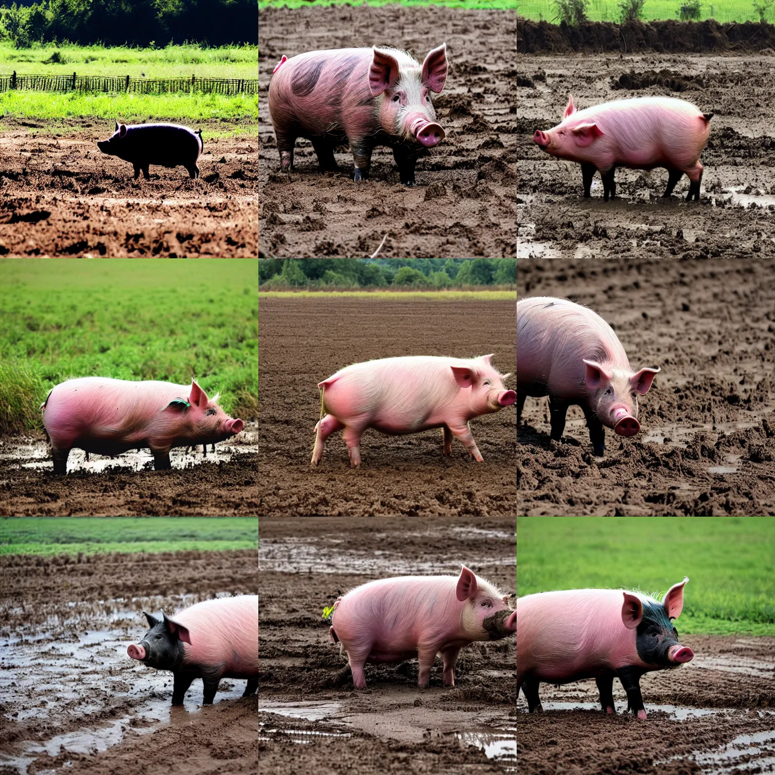 Prompt: a pig in a field covered in mud