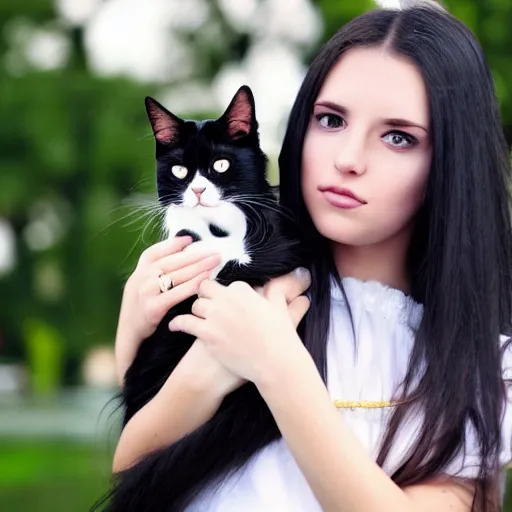 Prompt: a girl with long dark hair holding a cat in her arms, a stock photo by juan villafuerte, pexels contest winner, high quality photo, rtx, hd, shiny eyes, rasquache, a renaissance painting by sailor moon, anime, anime aesthetic