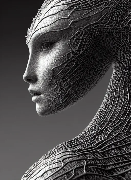 Prompt: bw close - up profile face, black background, beautiful young porcelain vegetal - dragon - cyborg - female, 1 5 0 mm, beautiful natural soft rim light, silver gold details, magnolia leaves and stems, roots, fine lace, mandelbot fractal, elegant, ultra detailed, white metallic armour, octane render, h. r. giger style