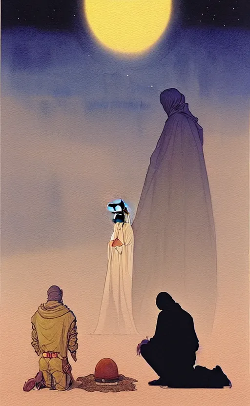 Image similar to a hyperrealist watercolour character concept art portrait of two middle eastern men kneeling down in prayer in front of a 1 2 ft. thin alien on a misty night in the desert. a ufo is in the background. by rebecca guay, michael kaluta, charles vess and jean moebius giraud