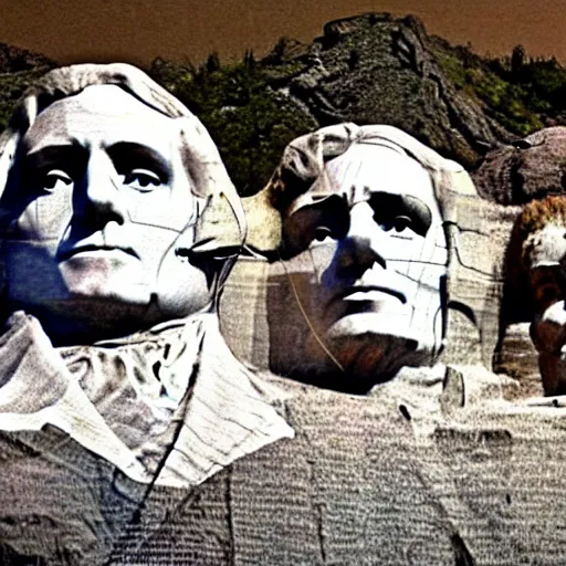 Prompt: a photo of mount rushmore after donald trump's face had been added. the photo clearly depicts the facial features of donald trump and his particular hair style carved into the stone at the mountain top