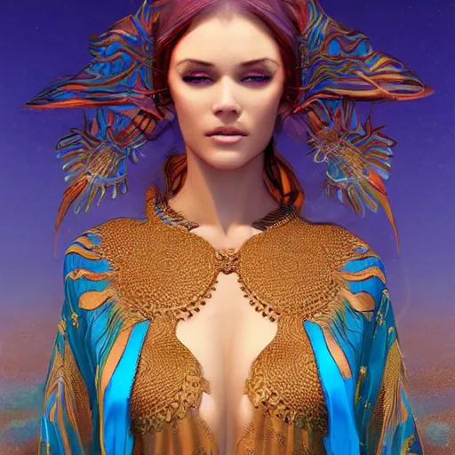 Image similar to a beautiful woman wearing a blue kaftan made of silk with golden ornaments by alex gray and android jones , Karol Bak, Ayami Kojima, Amano , concept art, character design, fantasy,3D, 8k resolution