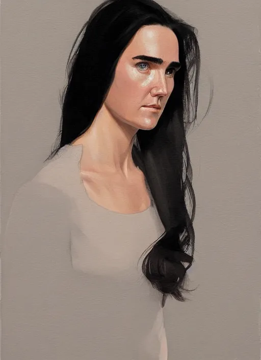 Prompt: detailed artwork by phil noto ; 2 0 year old jennifer connelly ; brush texture ; asymmetric composition ; trending on artstation ; gallery painting by phil noto, by phil noto.