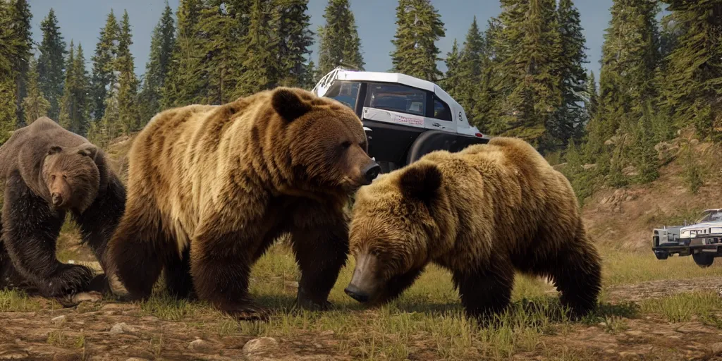 Prompt: A monster truck fighting a grizzly bear in its natural habitat, unreal engine, 8k