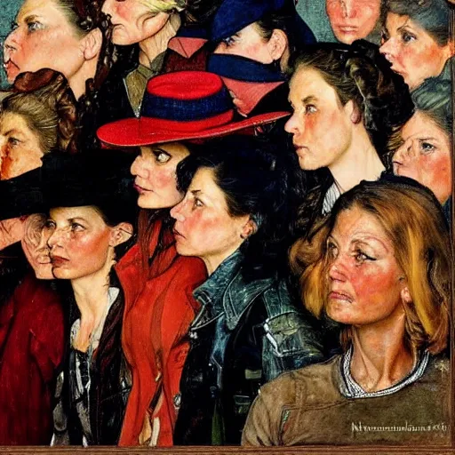 Image similar to Front portrait of an all-female outlaw gang. A painting by Norman Rockwell.