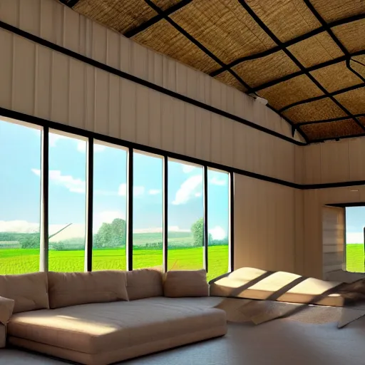 Image similar to interior view of modern futuristic farm barn architecture, cows on sofas pigs in hammocks chickens in lounge chairs, modern interior design, throw pillows, areas rugs, feed troughs, hay, detailed luminescent oil painting 4 k