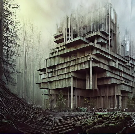 Prompt: a painting of a building in the middle of a forest, a detailed matte painting, brutalism, dystopian art, rough, unfinished surfaces, unusual shapes, straight lines, greeble, oil paint, insanely detailed and intricate, hypermaximalist, elegant, ornate, hyper realistic by eugene von guerard, zdzislaw beksinski, peter gric