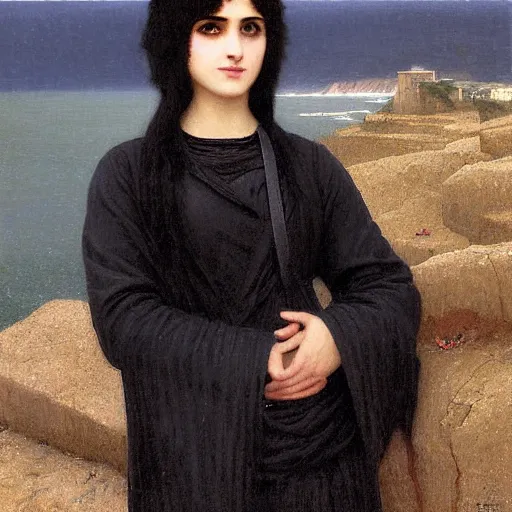 Image similar to 1 7 - year - old pale - skinned persian girl with black long bob cut, long bangs, black gothic jacket, black jeans, psychic girl, standing on cliff along the irish coast, overcast gray skies, ultra - realistic, sharp details, cold lighting, intricate details, art by william - adolphe bouguereau