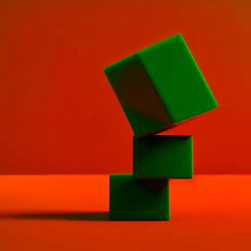 Image similar to a 3 d render of a stack of green cubes on the left and an orange ball on the right in a red room, blender, ue 5, octane render, trending on artstation