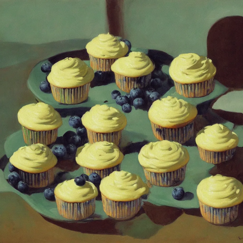 Image similar to a detailed painting study of one blueberry cupcakes with green creme topping by Edward Hopper