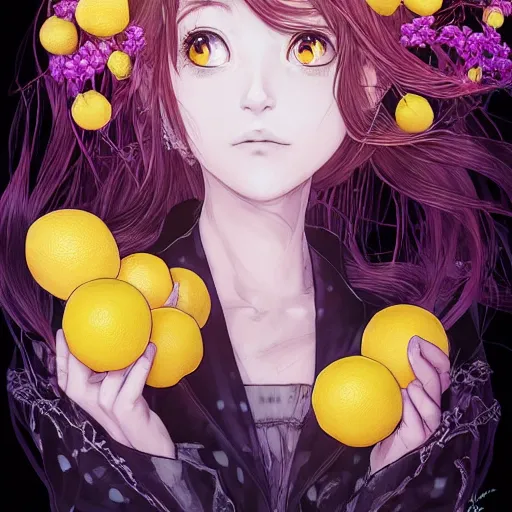 Image similar to the portrait of an absurdly beautiful, graceful, elegant, sophisticated, young teen anime girl made up of lemons looking up, an ultrafine hyperdetailed illustration by kim jung gi, irakli nadar, intricate linework, bright colors, octopath traveler, final fantasy, unreal engine 5 highly rendered, global illumination, radiant light, detailed and intricate environment