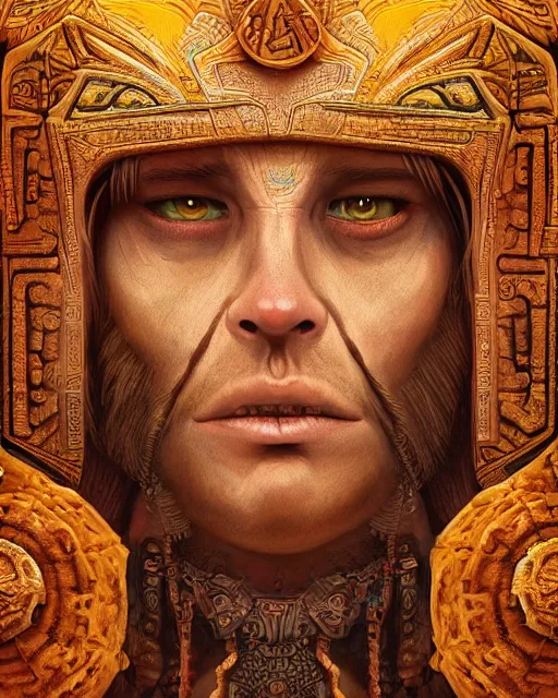 Image similar to digital painting of a mayan halach uinik by filipe pagliuso and justin gerard, symmetric, fantasy, highly detailed, realistic, intricate, portrait, sharp focus, tarot card