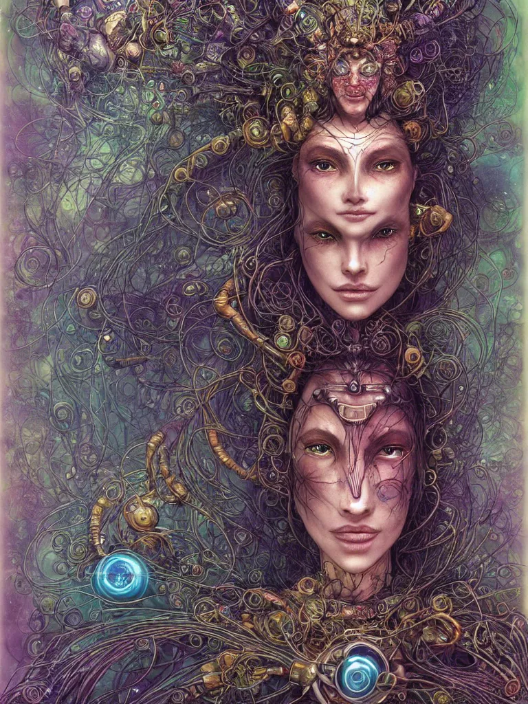 Prompt: an ancient mystical alluring female shaman generating flowing energy and surrounded by wisps of incense smoke meditating in a cybernetic robot temple , face face face, by android jones and brian froud