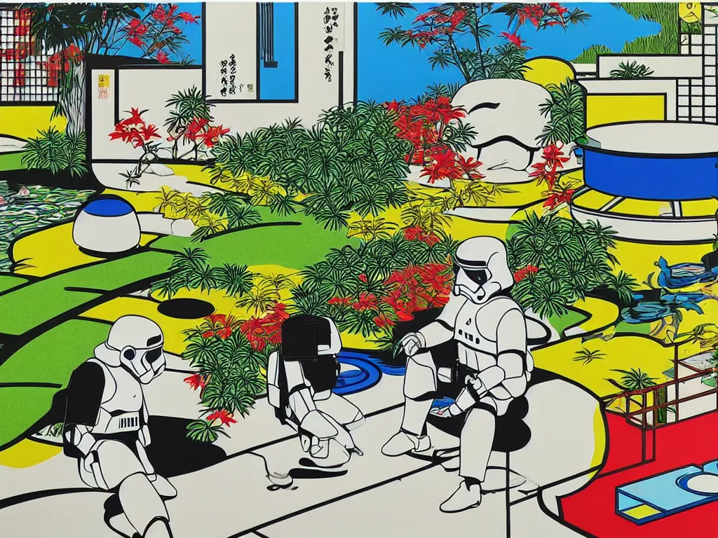 Image similar to hyperrealistic composition of the japanese home with a garden and a pond, 2 stormtroopers sitting around it, pop - art style, jacky tsai style, andy warhol style, roy lichtenstein style, rich palette, acrylic on canvas