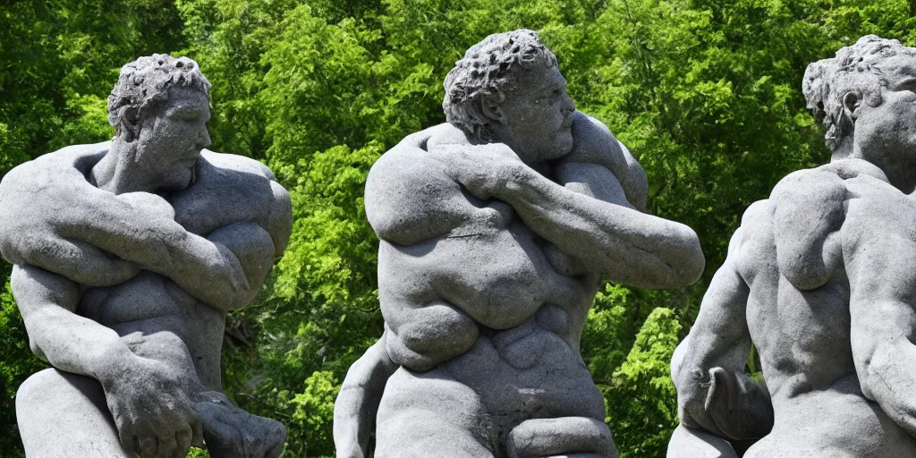 Prompt: a granite sculpture garden by Michelangelo, 8k, DSLR Camera, Enormous creatures augment my desire