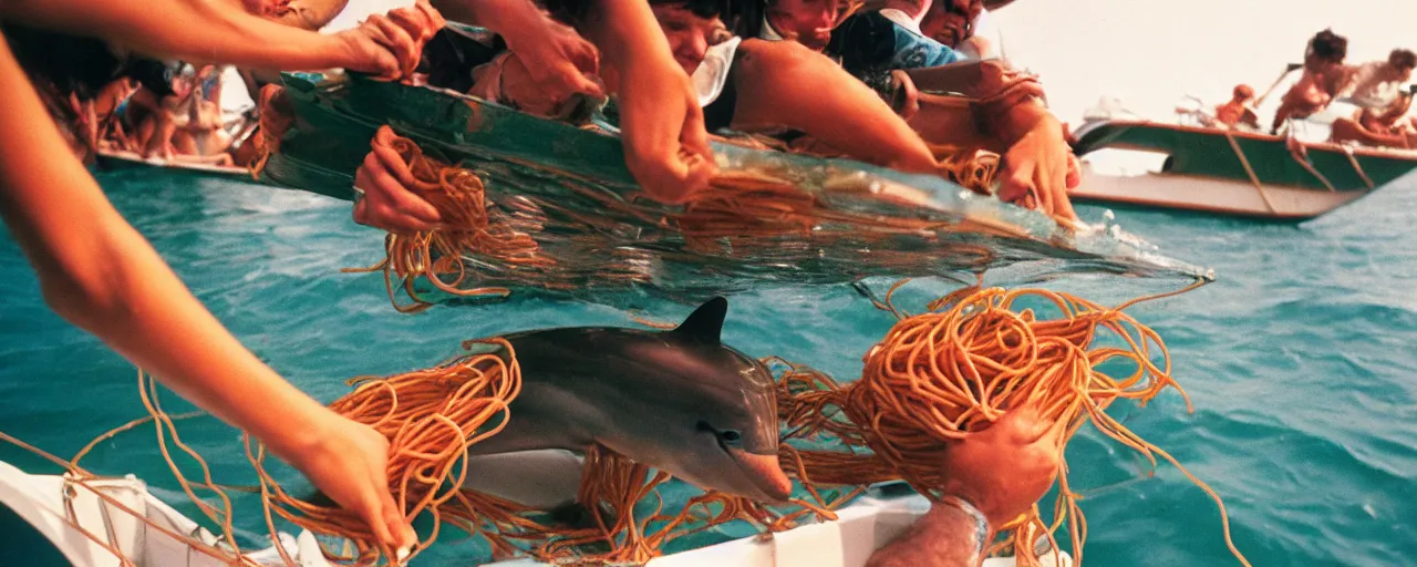 Image similar to dolphins receiving spaghetti from humans from a boat, ocean,, small details, intricate, sharply focused, canon 5 0 mm, wes anderson film, kodachrome