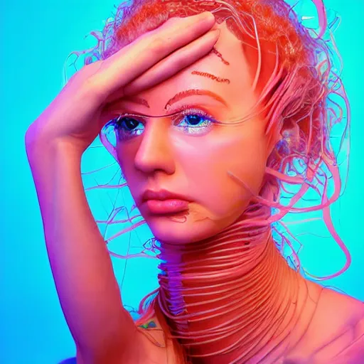 Prompt: Vass Roland cover art body art electronic ballerina arms up softcore hand holistic animal machine cables behind head pose future bass girl unwrapped dress smooth body unfolds statue bust curls of hair petite lush front and side view body photography model full body curly jellyfish lips art contrast vibrant futuristic fabric skin jellyfish material metal veins style of Jonathan Zawada, Thisset colours simple background objective