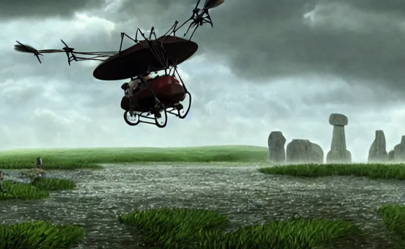 Image similar to a close - up detailed cell - shaded cartoon movie still from howl's moving castle ( 2 0 0 4 ) of a gyrocopter in a flooded rainforest valley. stonehenge is seen in the background with shafts of sunlight from above. very dull muted colors, hd, 4 k, hq