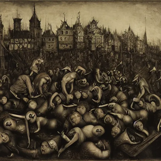 Prompt: a crowd of plague doctors in the style of pieter bruegel the elder, jan saudek, joel peter witkin, gustave dore, heironymus bosch