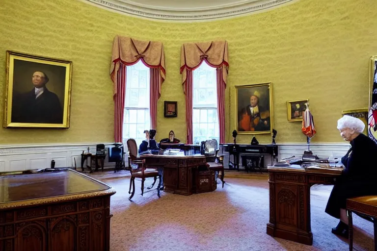 Image similar to Queen Elizabeth II sitting behind the Resolute Desk in the White House Oval Office, 4k, award winning photo