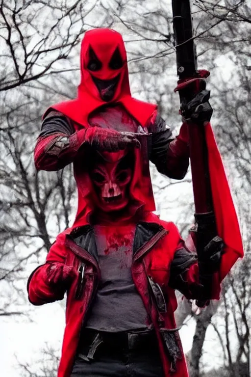 Image similar to red hood cosplay, creepy, disturbing, bloody, darkness, grainy