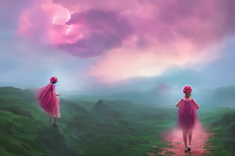 Image similar to giant dahlia flower crown under head, girl walking on dramatic mountain, surreal photography, pink storm clouds, sunset, impressionist painting, digital painting, artstation, simon stalenhag