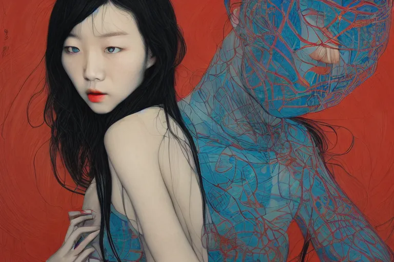 Image similar to Lee Jin-Eun by James Jean, rule of thirds, seductive look, beautiful, in intergalactic hq