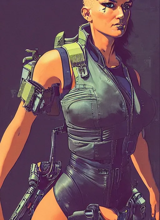 Prompt: cyberpunk mercenary in tactical harness and jumpsuit. portrait by stonehouse and mœbius and will eisner and gil elvgren and pixar. realistic proportions. dystopian. cyberpunk 2 0 7 7, apex, blade runner 2 0 4 9 concept art. cel shading. attractive face. thick lines.