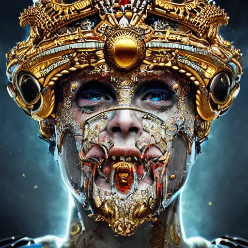 Prompt: portrait art of 8k ultra realistic Emperor of Light, ornate intricate crown , detailed intricate ornate armour,decaying, cybernetic, full of colour, cinematic lighting, battered, trending on artstation, 4k, hyperrealistic, focused, extreme details,unreal engine 5, cinematic, masterpiece, art by ayami kojima, giger