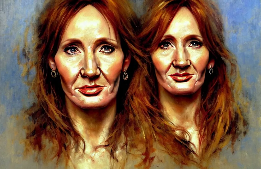 Prompt: portrait of jk rowling!!!!!!!!!!!!!!!!!!!!!!!!!!!, detailed face, detailed painting, epic lighting, by ilya repin, phil hale and kent williams