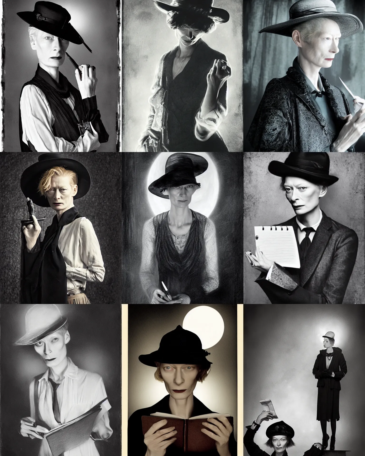 Prompt: Tilda Swinton as Female investigator, wearing hat, holding notebook, 1920s, dark, moonlight, gothic, portrait by Raymond Swanland