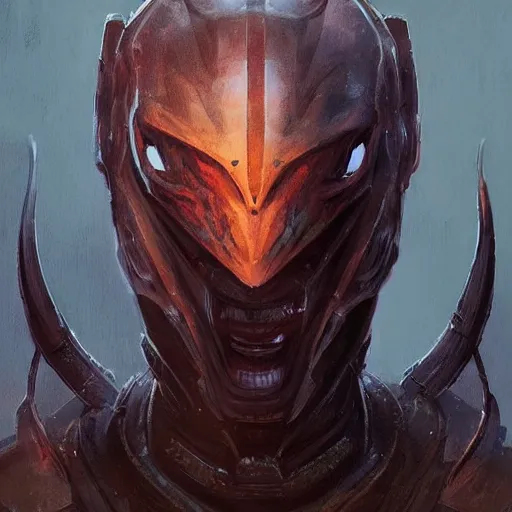 Image similar to Portrait of an alien man by Greg Rutkowski, hard predatory look pointed ears, prominent jaw and visible fangs, wearing a futuristic space tactical gear that looks like a mix between the samurai, viking and templar aesthetics, mix between tribal and hi-tech, highly detailed portrait, scifi, space opera, digital painting, artstation, concept art, smooth, sharp foccus ilustration, Artstation HQ