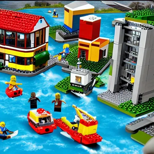 Image similar to a man has fallen into the river in lego city
