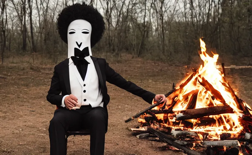 Image similar to a man wearing a tuxedo sitting in the middle of a bonfire, no face