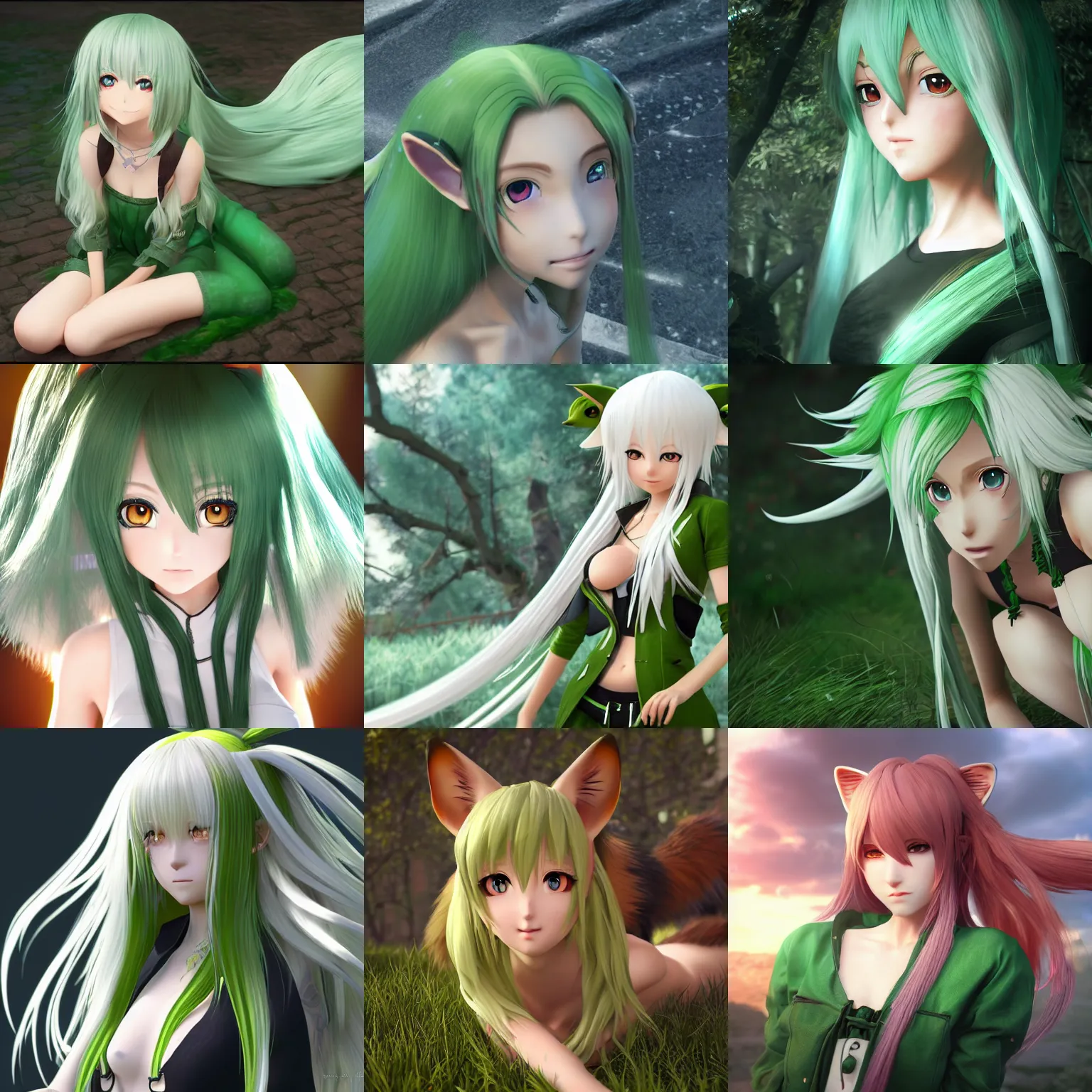 Prompt: An anime foxgirl with long white hair and green eyes on a florest, award winning photo, unreal engine, highly detailed features