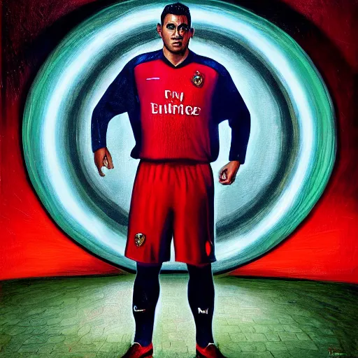 Prompt: full body portrait of ronaldo nazario by yousuf karsh, cartoon, oil painting, visionary art, holy halo, neon ambient lighting, high detail, dark vibrant colors