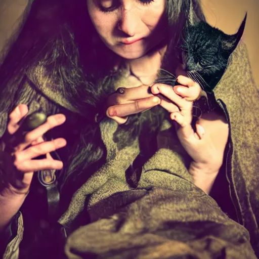 Prompt: female warlock is casting a magic spell, with a small cat by her side, d & d, fantasy, magic, award winning photography, raw,