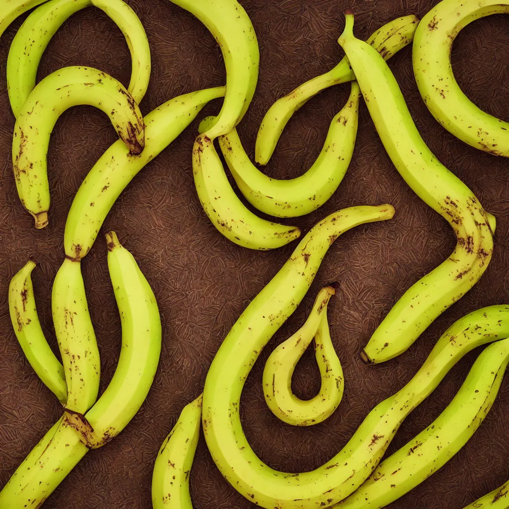 Image similar to very ripe looped bananas like a complex fractal, cracked, vegetable foliage, art nouveau fractal with petal shape, and stems, mesh roots, hyper real, food photography, high quality
