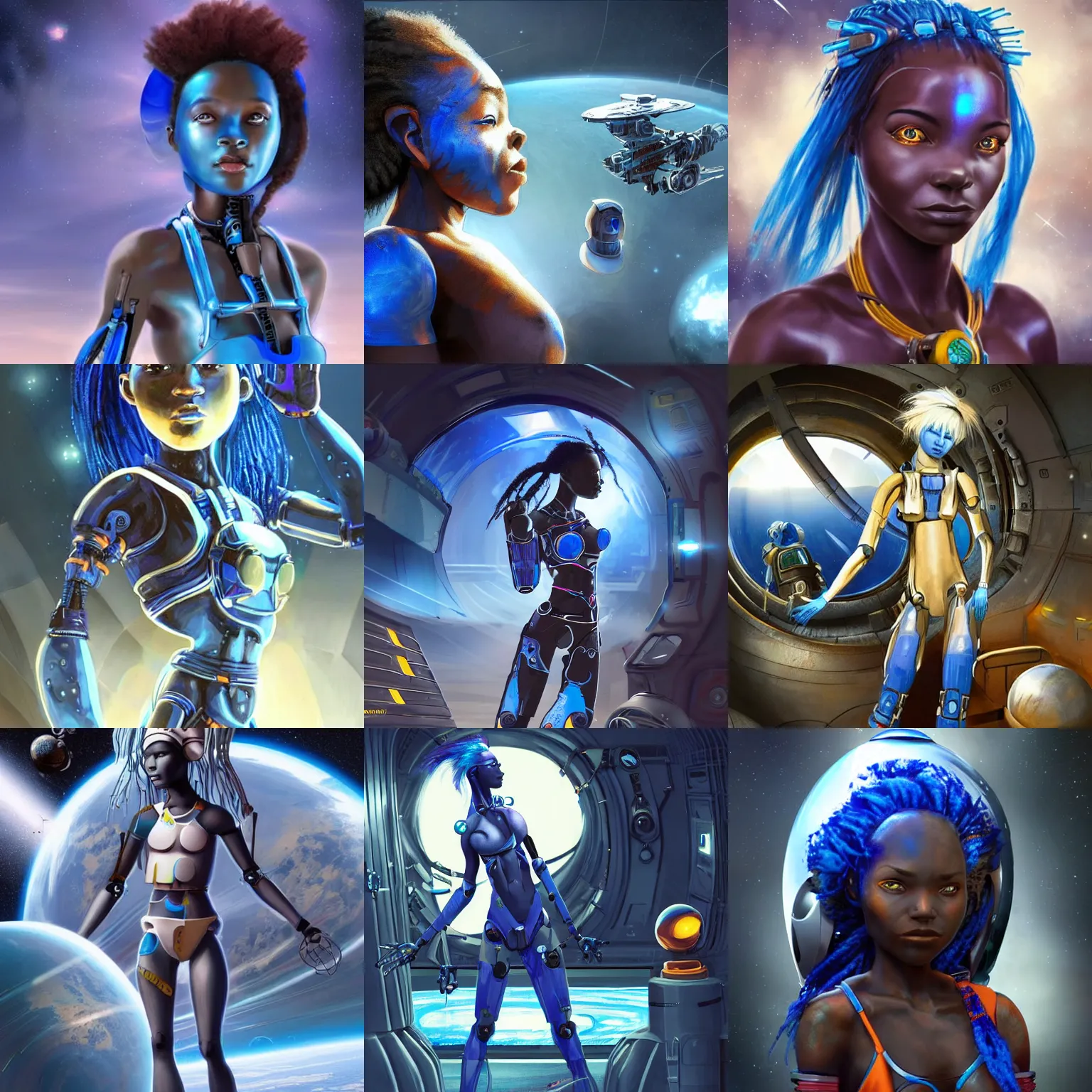 Prompt: concept art of beautiful futuristic himba girl with robotic arms and blue hair in a space station, hyperrealistic, sci - fi