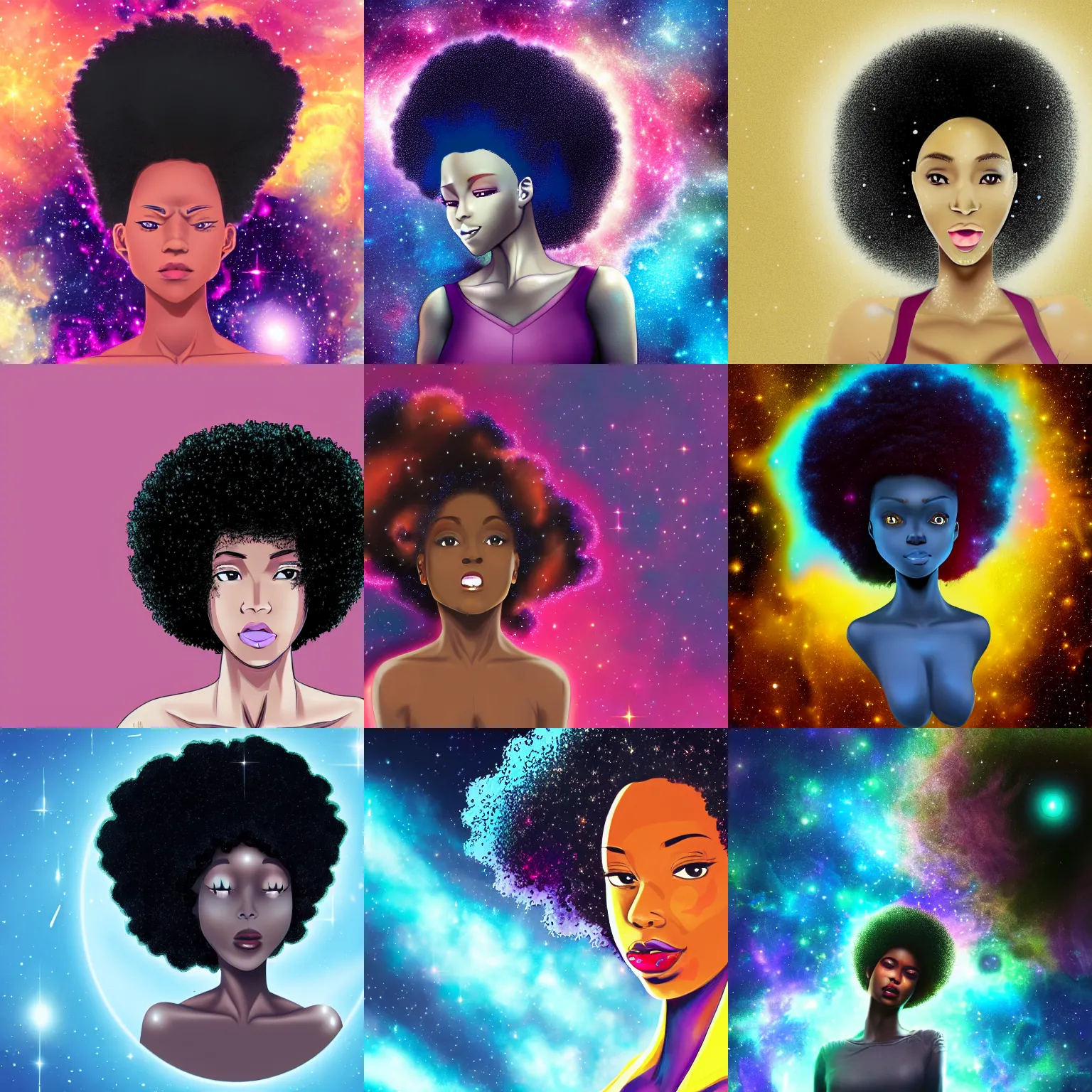 Prompt: black woman with afro hair, galaxy, nebula, anime, 8k,