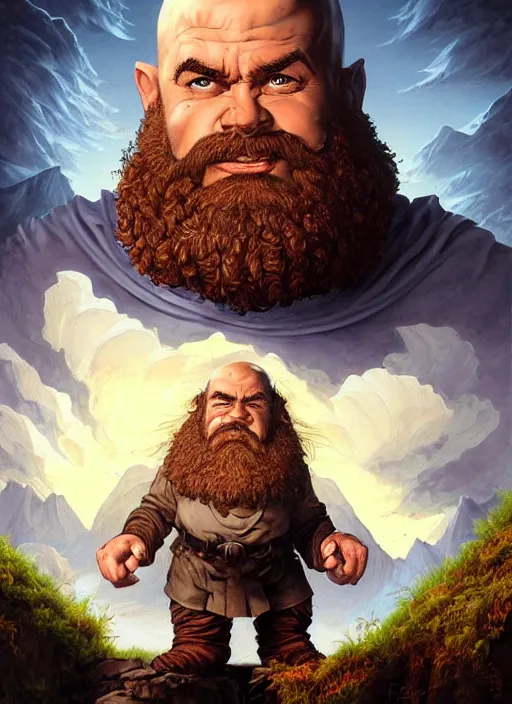 Image similar to a highly detailed symmetrical airbrush painting of a bald male dwarf with long brown beard in a mountainous landscape, morning, dynamic lighting, ambient lighting, deviantart, art by artgerm, frank frazetta and glenn fabry