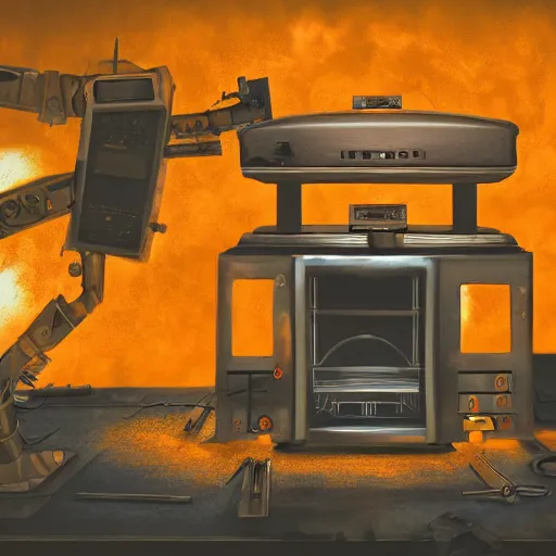 Image similar to head of toaster oven mecha, dark messy smoke - filled cluttered workshop, dark, dramatic lighting, orange tint, cinematic, highly detailed, sci - fi, futuristic, movie still