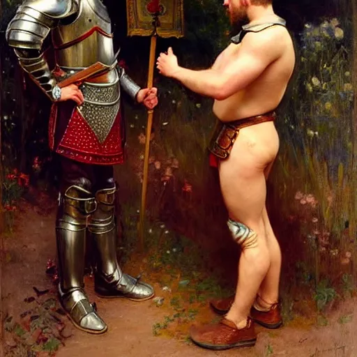 Image similar to attractive arthur pendragon confesses his love for his attractive male knight. highly detailed painting by gaston bussiere and j. c. leyendecker 8 k