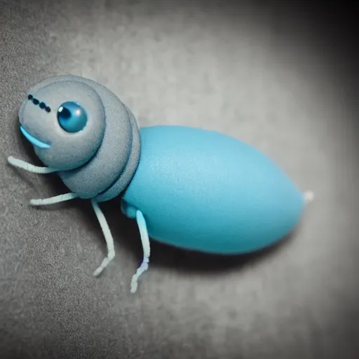 Prompt: studio photograph of a matte gray catterpillar with a neon blue head