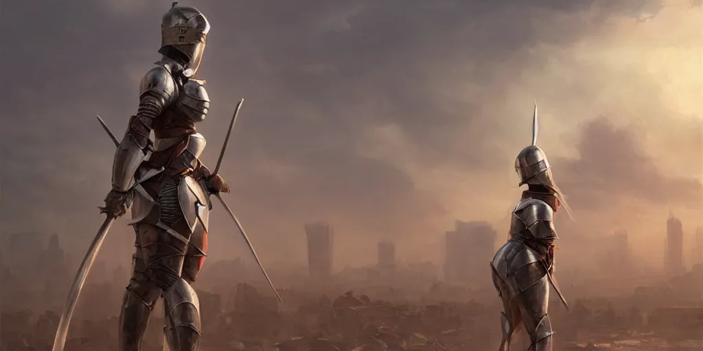 Image similar to a female knight, newyork is a wasteland, sunset in background, muted colours, breathtaking, sharp focus, smooth, greg rutkowski, highly detailed 4 k art